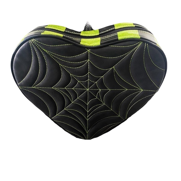 Love Pain and Stitches | Lime Green Pumpkin Kult Heart Spider Web Backpack - Picture 3 of 9